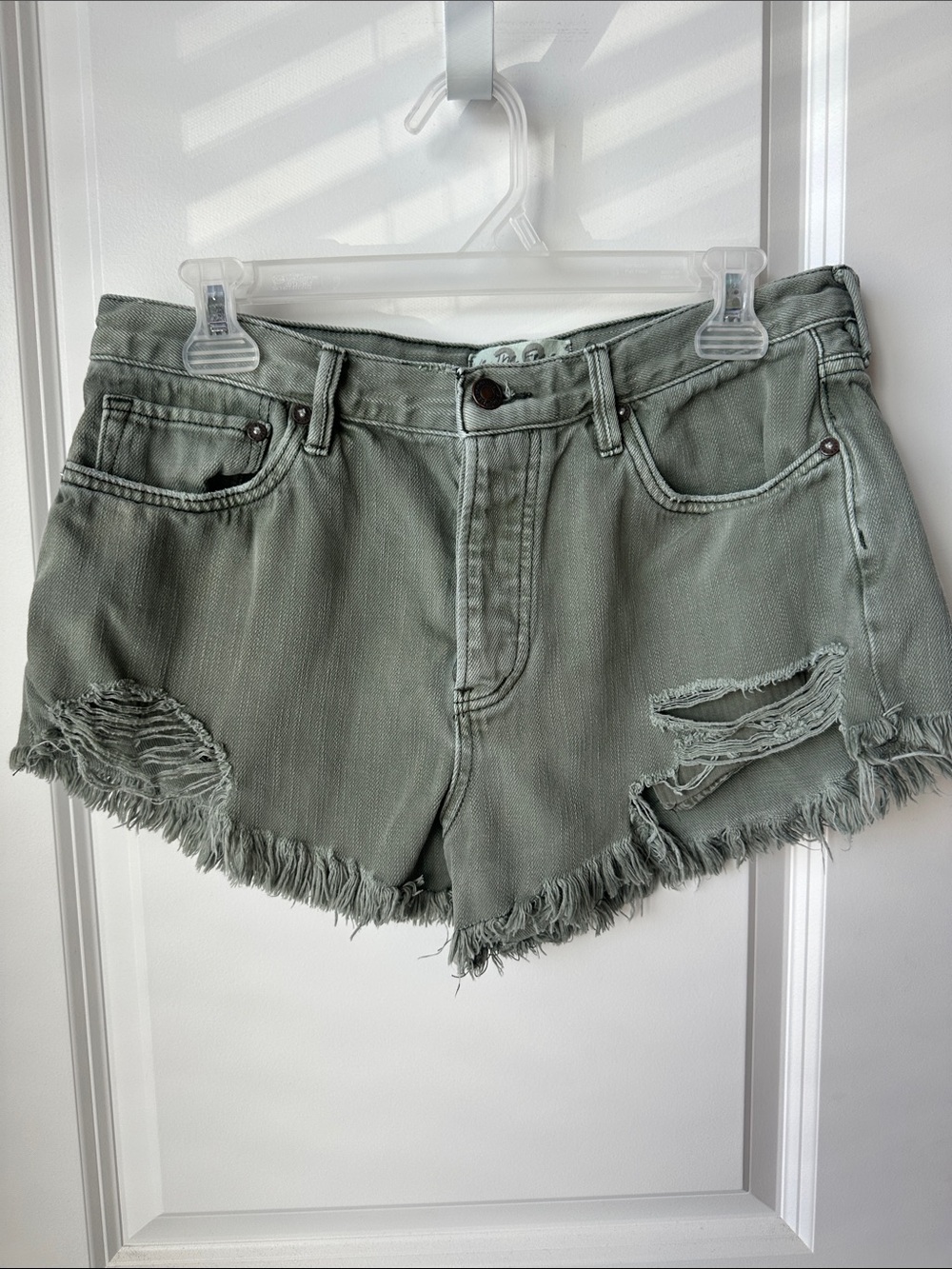 We the Free Olive Green Distressed Denim Shorts